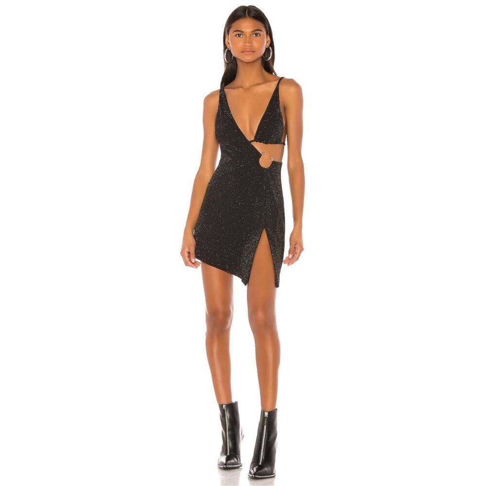H:ours Rei Dress **NO BRA Stardust‎ Black One Shoulder Mini Slit Sleeveless XS